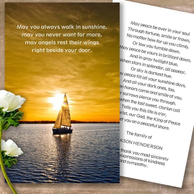 Perte funéraire Yacht & Sunset Prayer Cartes de Sy (sunset, sunrise, beach, celebration of life, in loving memory of, prayer cards for bereavement)