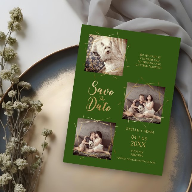 Pet Green Design Moderne Calligraphie 3-Photo (Pet Green Stylish Modern Calligraphy 3-Photo Wedding Save the Date Cards. )