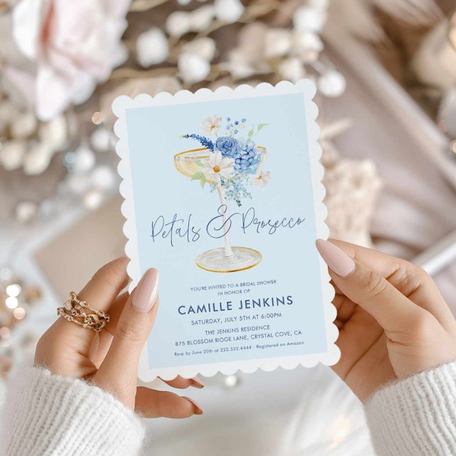 Pétales bleues et le parquet Jardin Invitation nup (Blue Petals and Prosecco Bridal Shower Invitation)