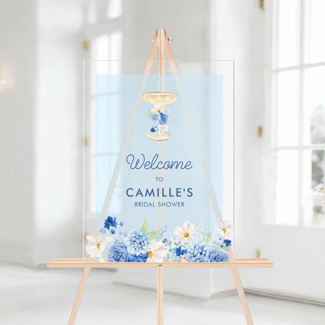 Pétales bleues et panneau de bienvenue en acrylic  (Something Blue Floral Bridal Shower Acrylic Welcome Sign)