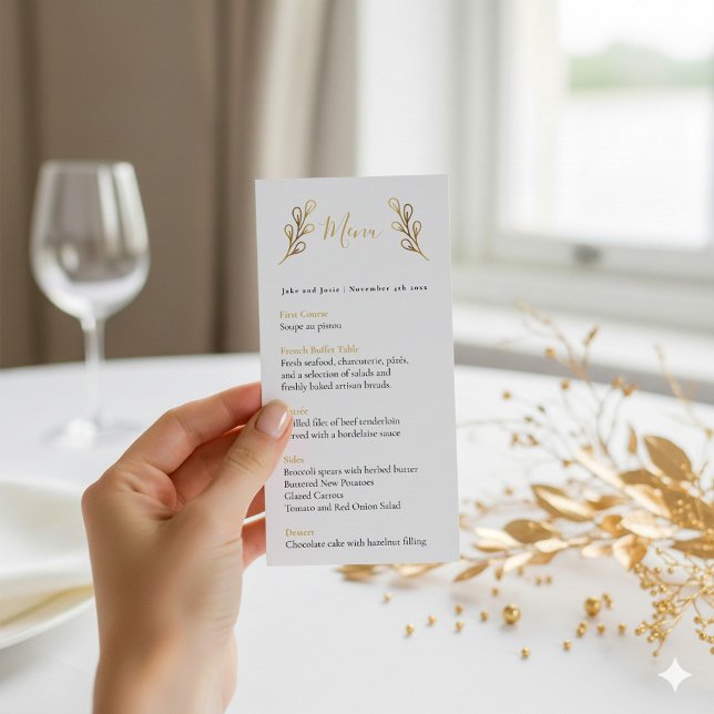 Pétales d'effet or jolie menu table mariage (Gold leafy wedding menu)