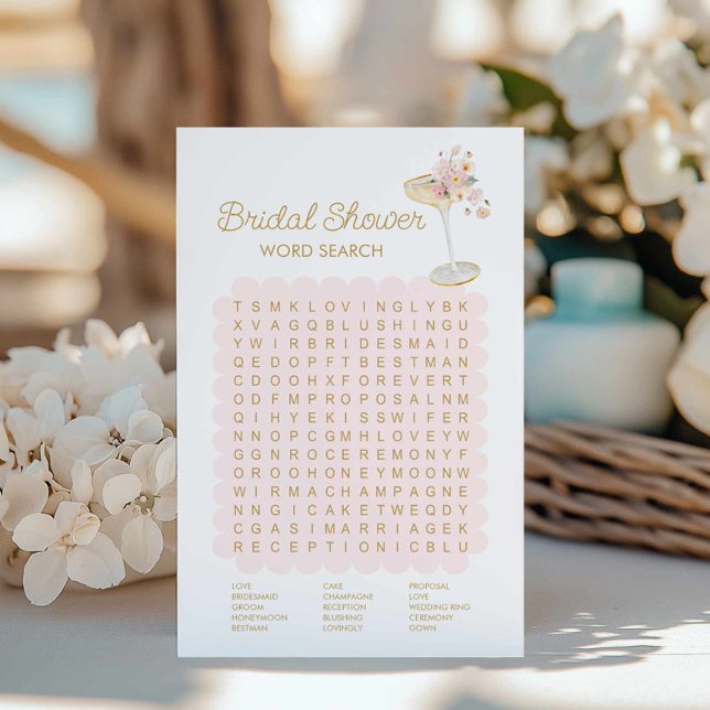 Pétales et Parrain Recherche de mot Jeu nuptial (Bridal Shower Pink Champagne Word Search Game)