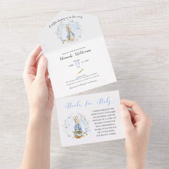 Peter Rabbit Baby Boy Invitation + Carte Livres (Déchirure)