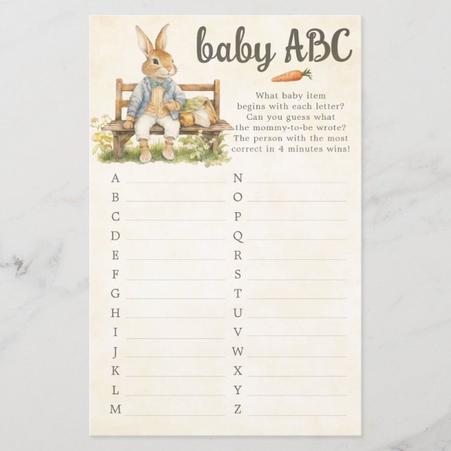 Peter The Rabbit Baby shower ABC Game Card (Devant)