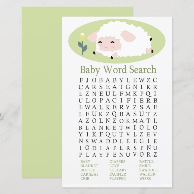 Petit agneau Baby shower Word Search Jeu (Devant / Derrière)