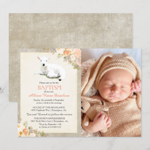 Petit agneau Baptême Floral Photo Invitation