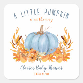 Petit Autocollant Carré Baby shower bleu Citrouill