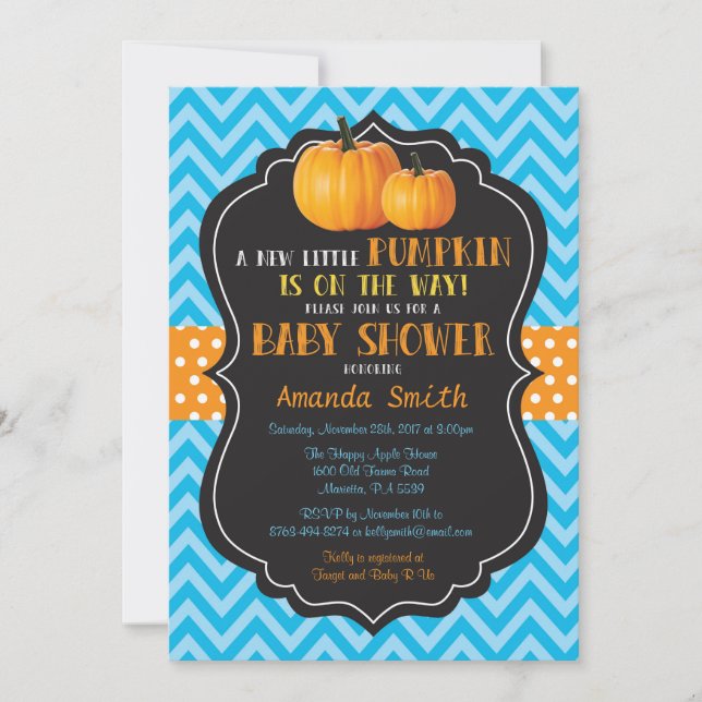 Petit Baby shower Citrouille Invitation Bleu Chevr (Devant)