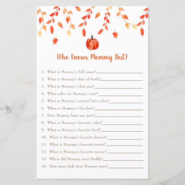 Petit Baby shower Citrouille Jeu Qui Connaît Maman (Devant)