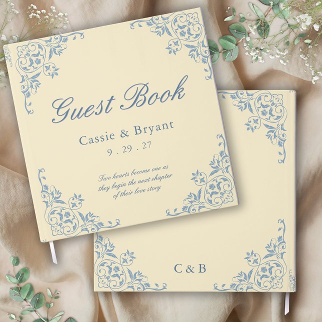 Petit Beurre Jaune Mariage du littoral Livre d'or (butter yellow wedding guest book with vintage decorative border in dusty blue with  unique message)