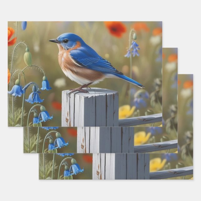 Petit Bleu Oiseau Papier d'enveloppement Jeu plat  (Lot)