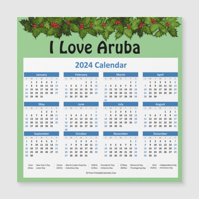 Petit calendrier magnétique 2024 d'Aruba (Devant)