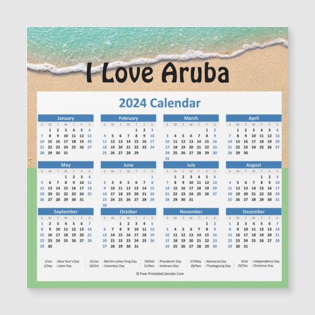 Petit calendrier magnétique 2024 d'Aruba (Devant)
