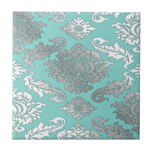 Petit Carreau Damassé Bleu Sarcelle Élégant Chic