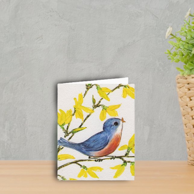Petit carte pour notes doux d'oiseau (Little red and blue singing bird on branch yellow flowers on faux textured white notecards.)