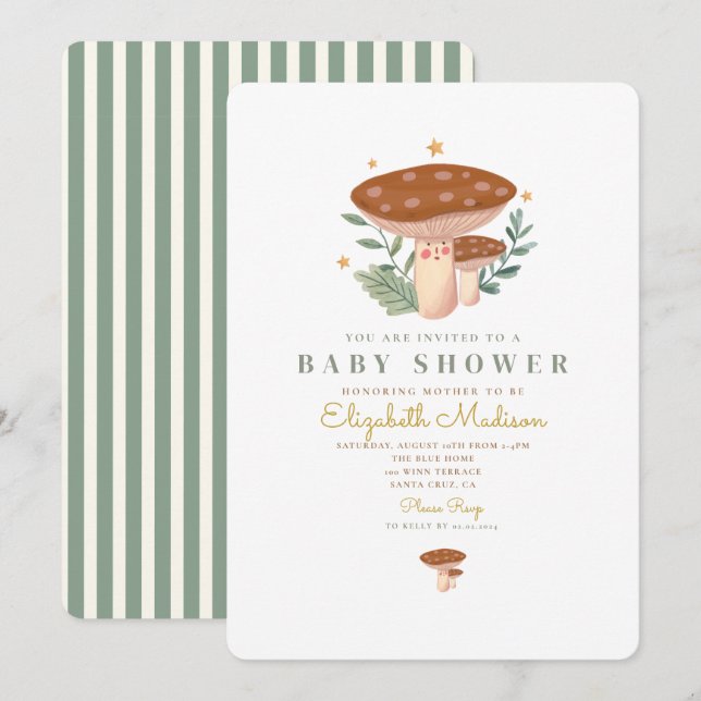 Petit champignon Aquarelle Baby shower Invitation (Devant / Derrière)