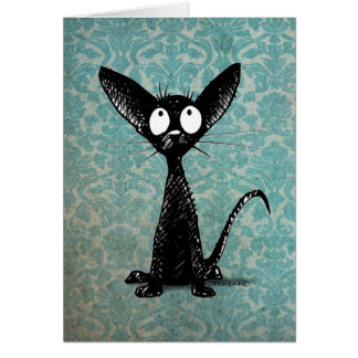 Petit chat noir drôle sur la damassé bleue vintage