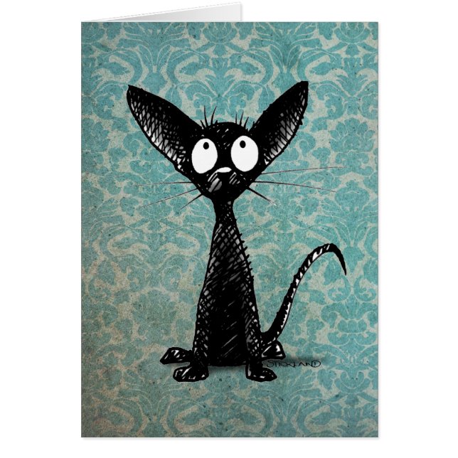 Petit chat noir drôle sur la damassé bleue vintage (Devant)