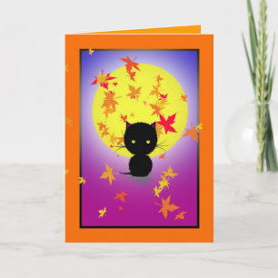 Petit Chat Noir et Carte de Halloween de Feuilles 