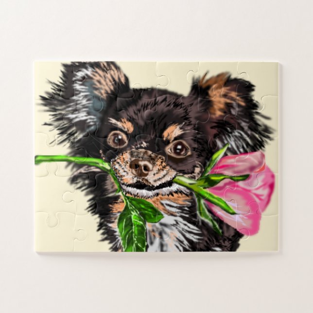 Petit chien avec Rose Jigsaw Puzzle (Horizontal)
