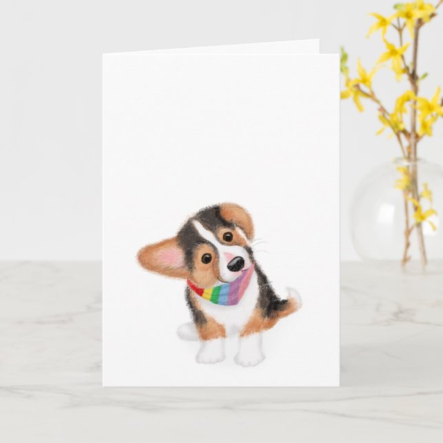 Petit chiot de corgi avec carte blanche de bandana (Fleur jaune)