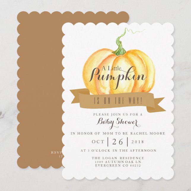 Petit Citrouille | Aquarelle | INVITATION BABY SHO (Devant / Derrière)