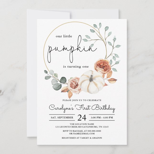 Petit Citrouille Automne Floral Invitation Anniver (Devant)