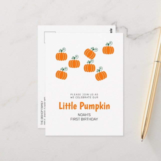 Petit Citrouille Invitation à la fête du 1er anniv (Devant/Arrière en situation)