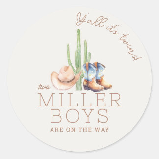 Petit Cowboy Twin Baby Shower Round Sticker