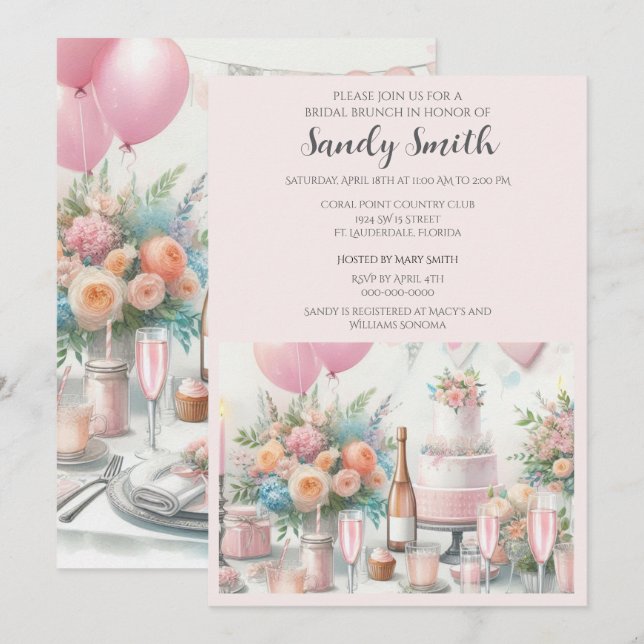 Petit déjeuner de mariage avec invitation rose (Devant / Derrière)