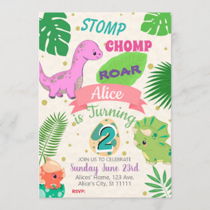 PETIT DINOSAURS FILLE 2E ANNIVERSAIRE INVITATION