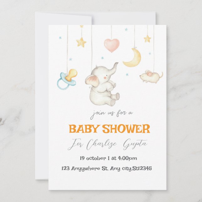 Petit Eléphant doux Invitation Baby shower (Devant)