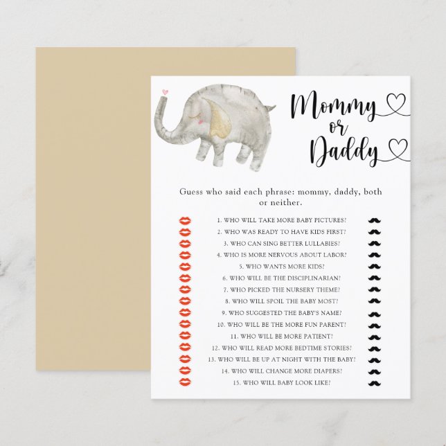 Petit Éléphant - jeu de baby shower pour maman ou  (Devant / Derrière)