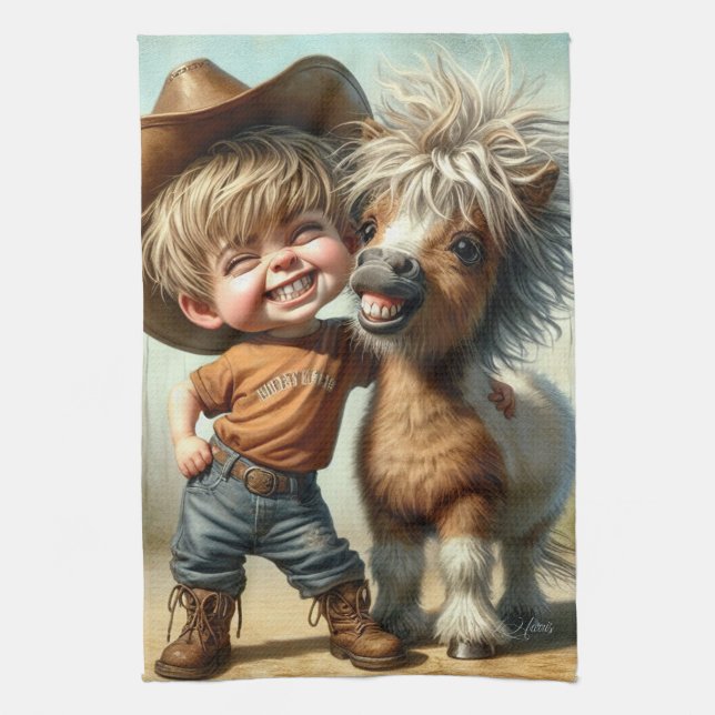 Petit garçon et son poney Serviette de cuisine (Vertical)