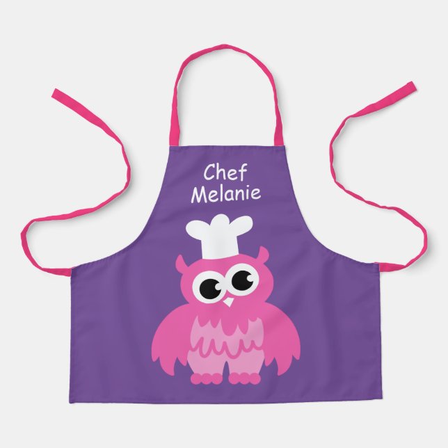 Petit hibou rose chef dessin animé tablier enfant  (Recto)