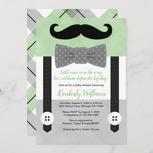 Petit homme baby shower invitation cravate verte (Devant / Derrière)