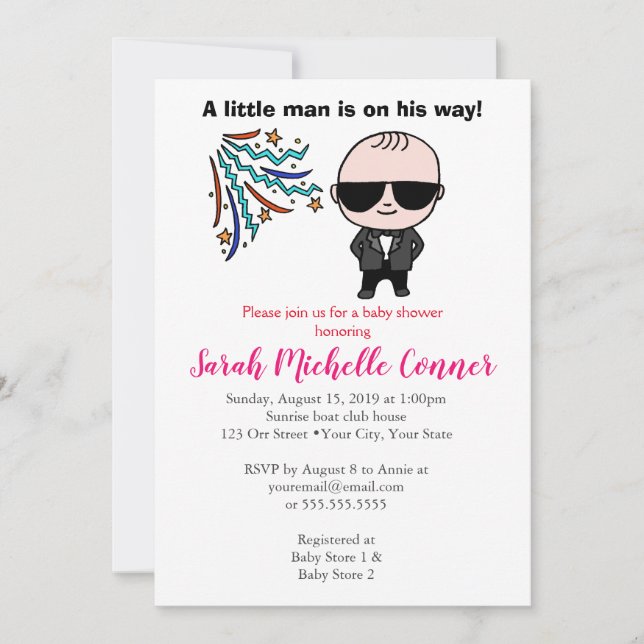 Petit Homme Baby shower Invitation Drôle mignon ga (Devant)