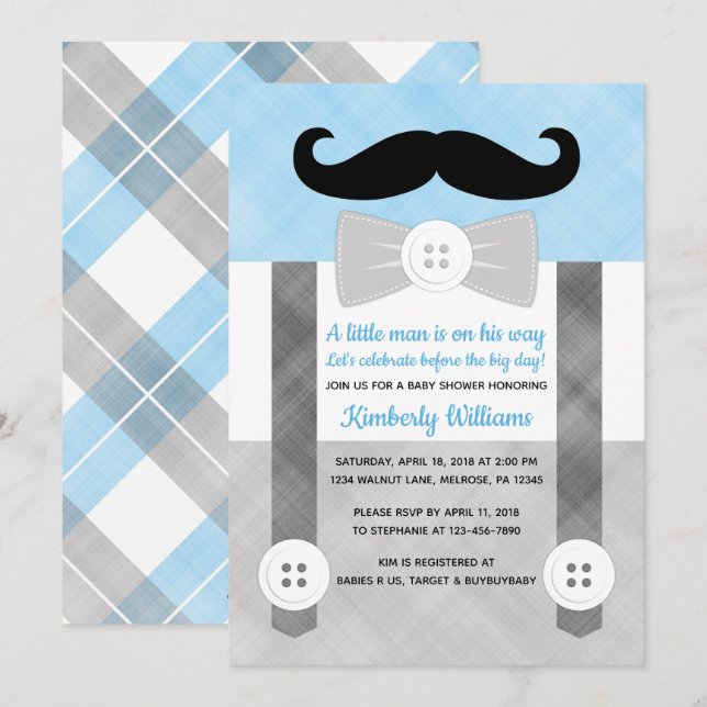 Petit homme baby shower invitation garçon plaid bl (Devant / Derrière)