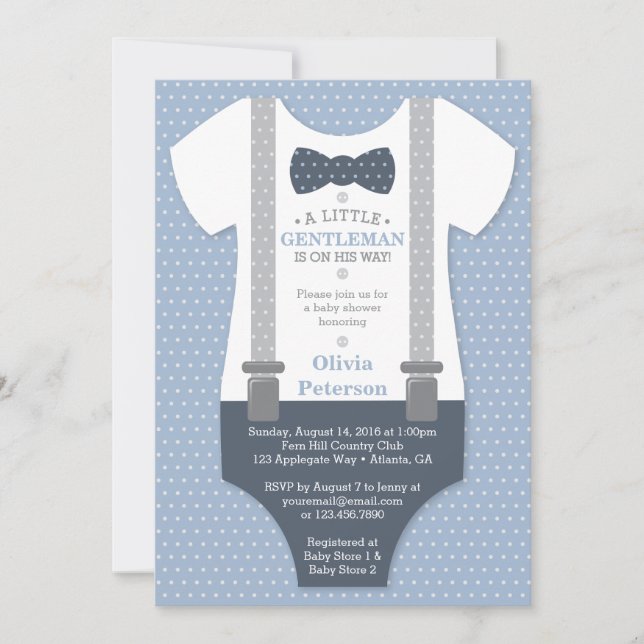 Petit Invitation Baby shower Gentleman, Bleu, Gris (Devant)