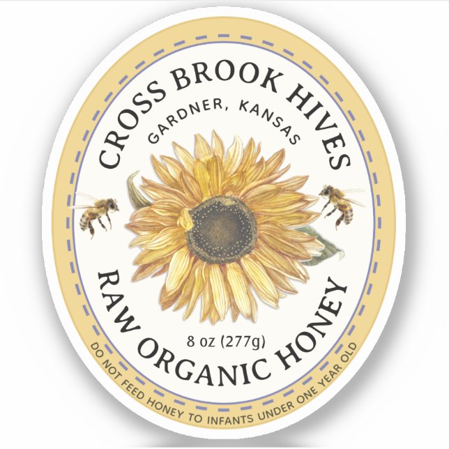 Petit Jar Oval Sunflower Miel Étiquette avec abeil (Devant)