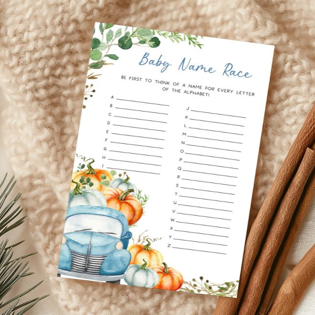 Petit jeu de nom de bébé camion bleu citrouille (Fall Pumpkin Blue Truck Baby Shower Baby Name Race Game)