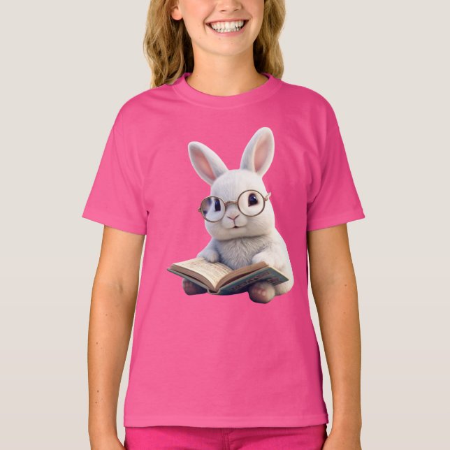 Petit lapin blanc Lire un livre T-shirt de base po (Devant)