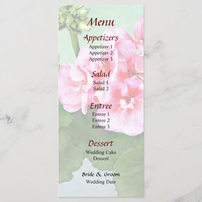Petit menu Mariage de géranium rose (Devant)