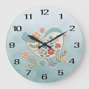 Petit Oiseau bleu rose Fleurs Horloge murale