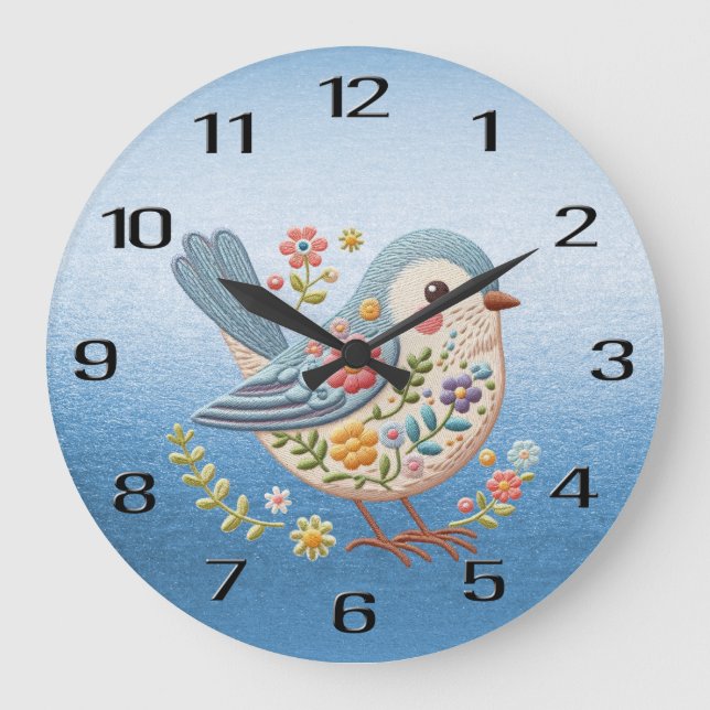 Petit Oiseau Floral Broderie Bleu Mur Horloge (Recto)