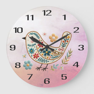 Petit Oiseau Floral Broderie Horloge murale rose