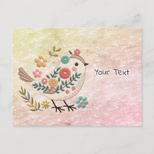Petit oiseau laisse des fleurs carte postale rose