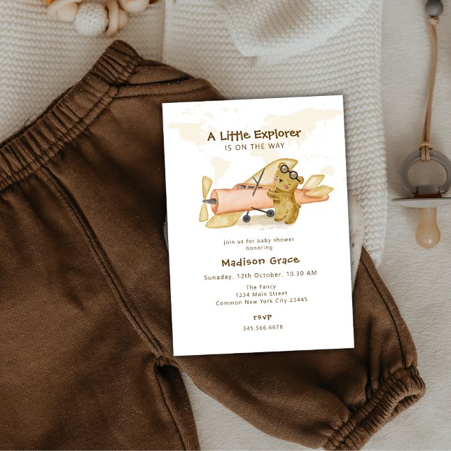 Petit Ours Explorateur Carte Avion Baby Shower (Little Explorer Bear Map Airplane Baby Shower Invitation)