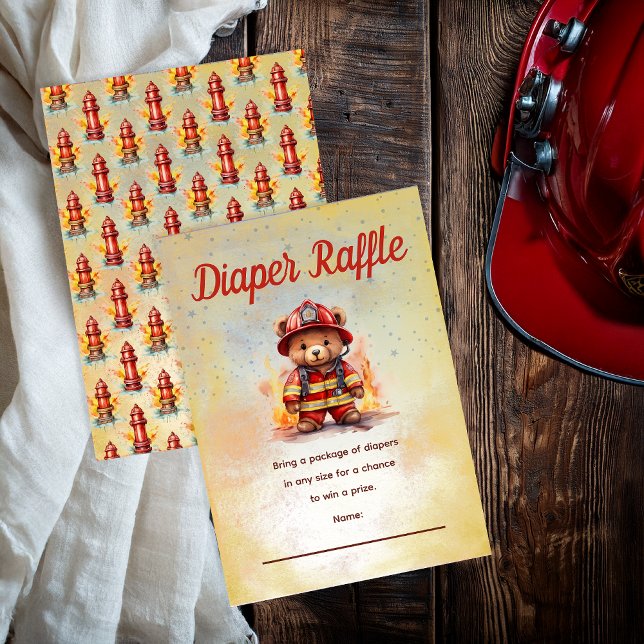 Petit Ours Pompière Baby Shower Tirage au Sort de  (Little Firefighter Teddy Bear Diaper Raffle Card)