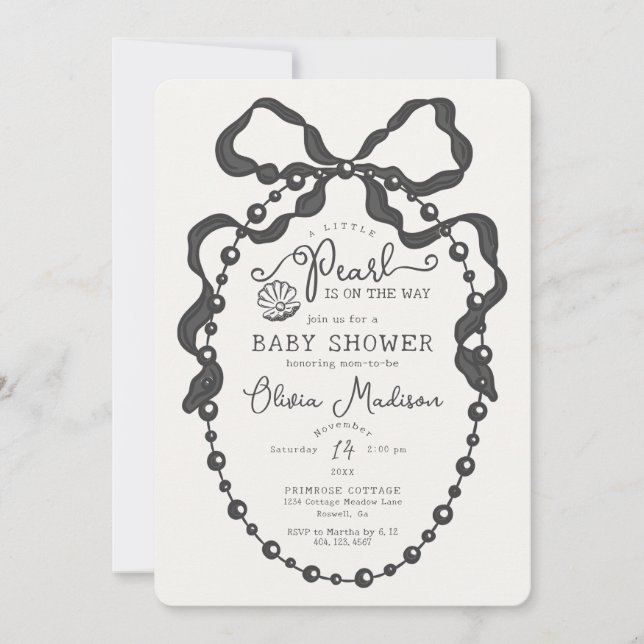 Petit Pearl Black Coquette Bow Baby shower Invitat (Devant)